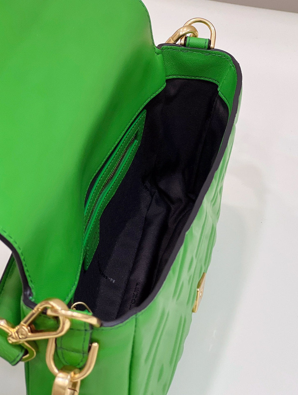 BAGUETTE WITH FF MOTIF 27 IN EMERALD GREEN SOFT LAMBSKIN GOLD HARDWARE