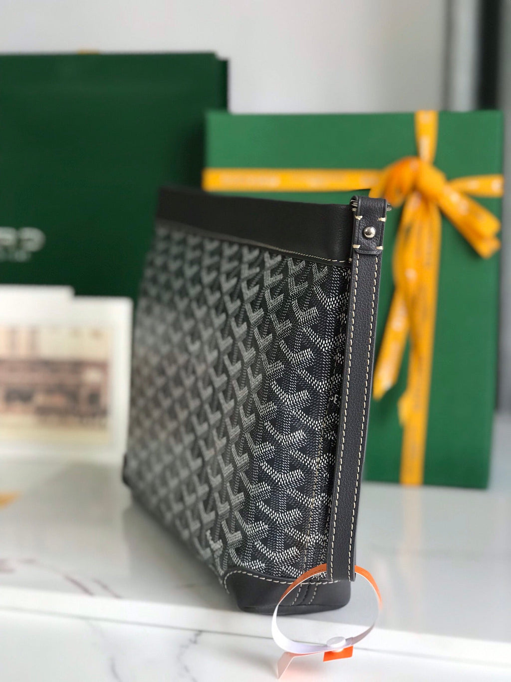 CONTI POUCH 24 IN GREY BLACK LAMBSKIN AND GOYARDINE CANVAS