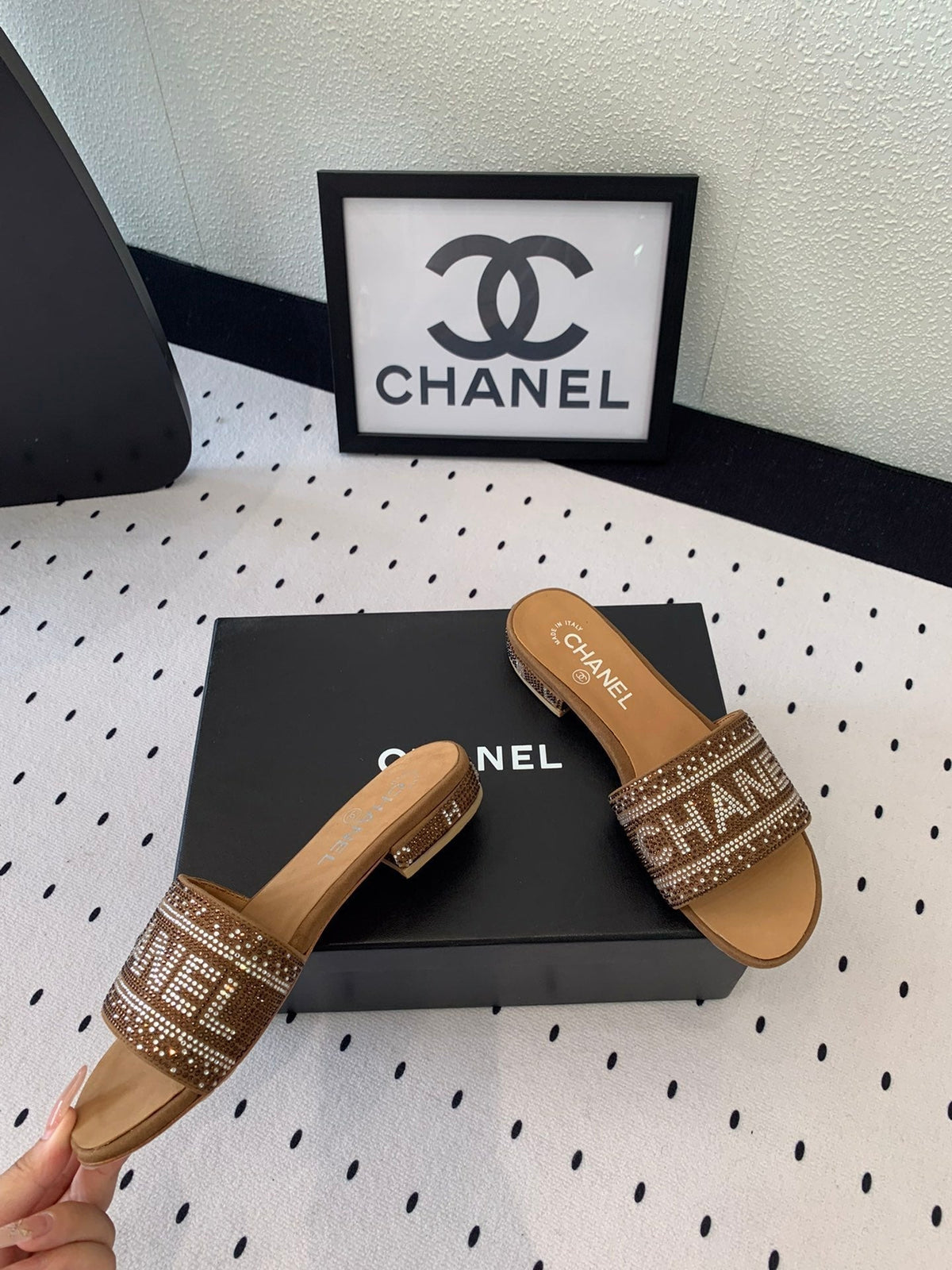 CHANEL RHINESTONE LETTER SLIPPERS CINNAMON BROWN LAMBSKIN