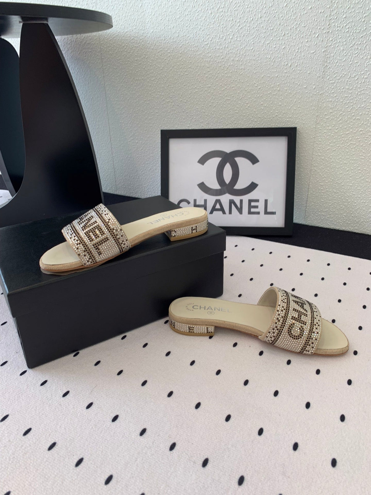 CHANEL RHINESTONE LETTER SLIPPERS BEIGE LAMBSKIN