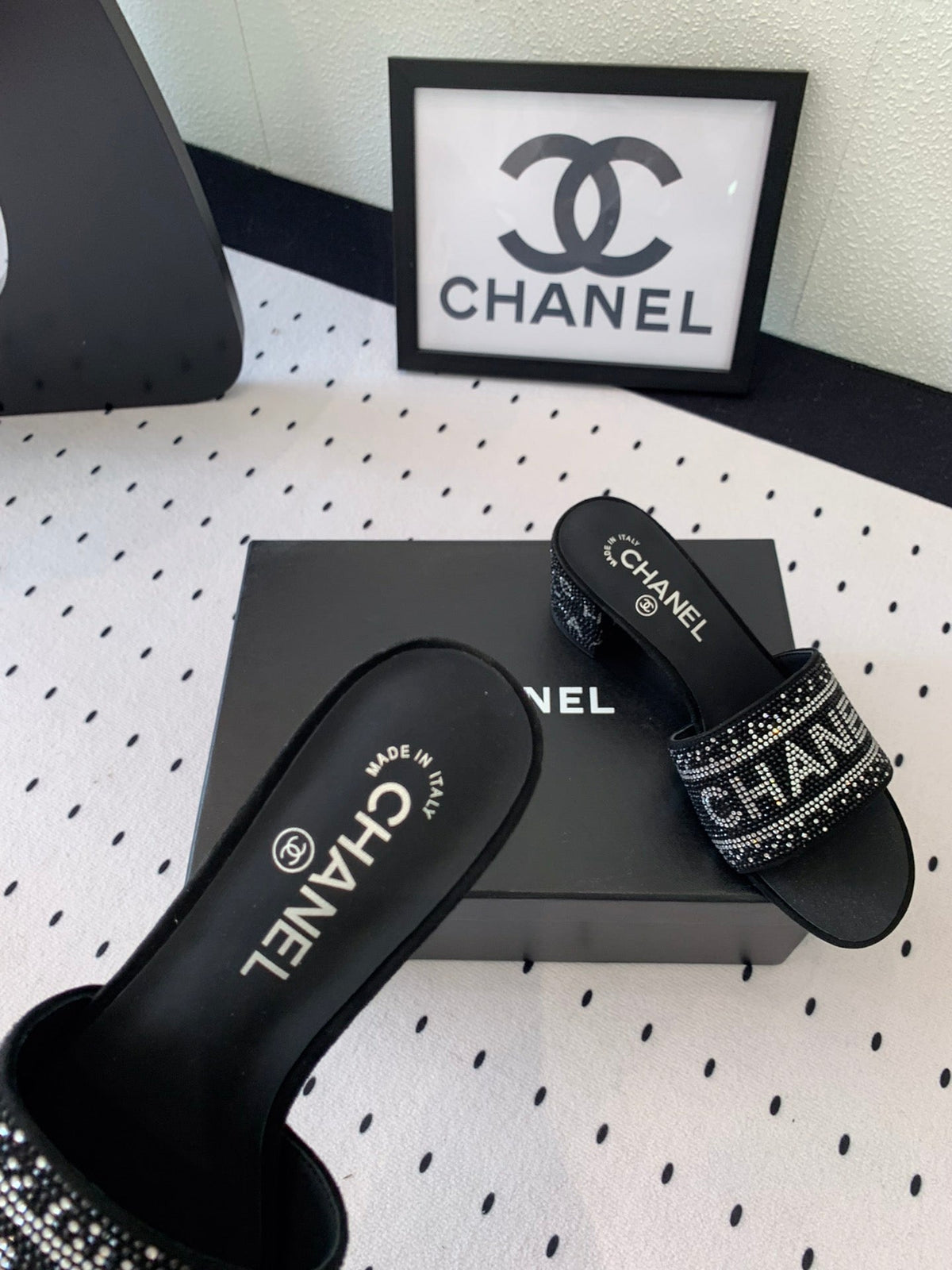 CHANEL RHINESTONE LETTER HIGH HEELS BLACK AND WHITE LAMBSKIN
