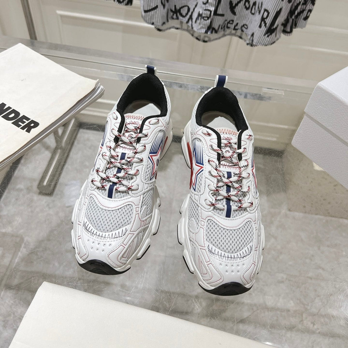 DIOR 25S CHRONO STAR FLATFORM SNEAKERS 45MM IN MESH WITH WHITE CALFSKIN