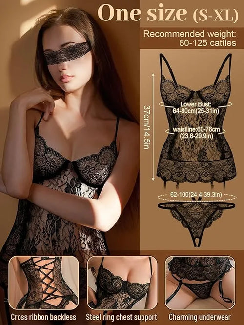 4-Piece Lace Babydoll Lingerie Set â€?Sheer Bodysuit, Thong, Stockings & Eye Mask