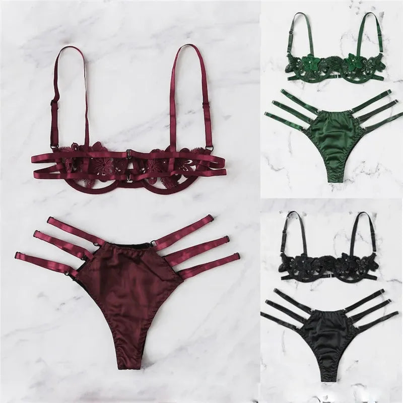 Floral Lace Lingerie Set â€?Unlined Half Cup Bra & Brief
