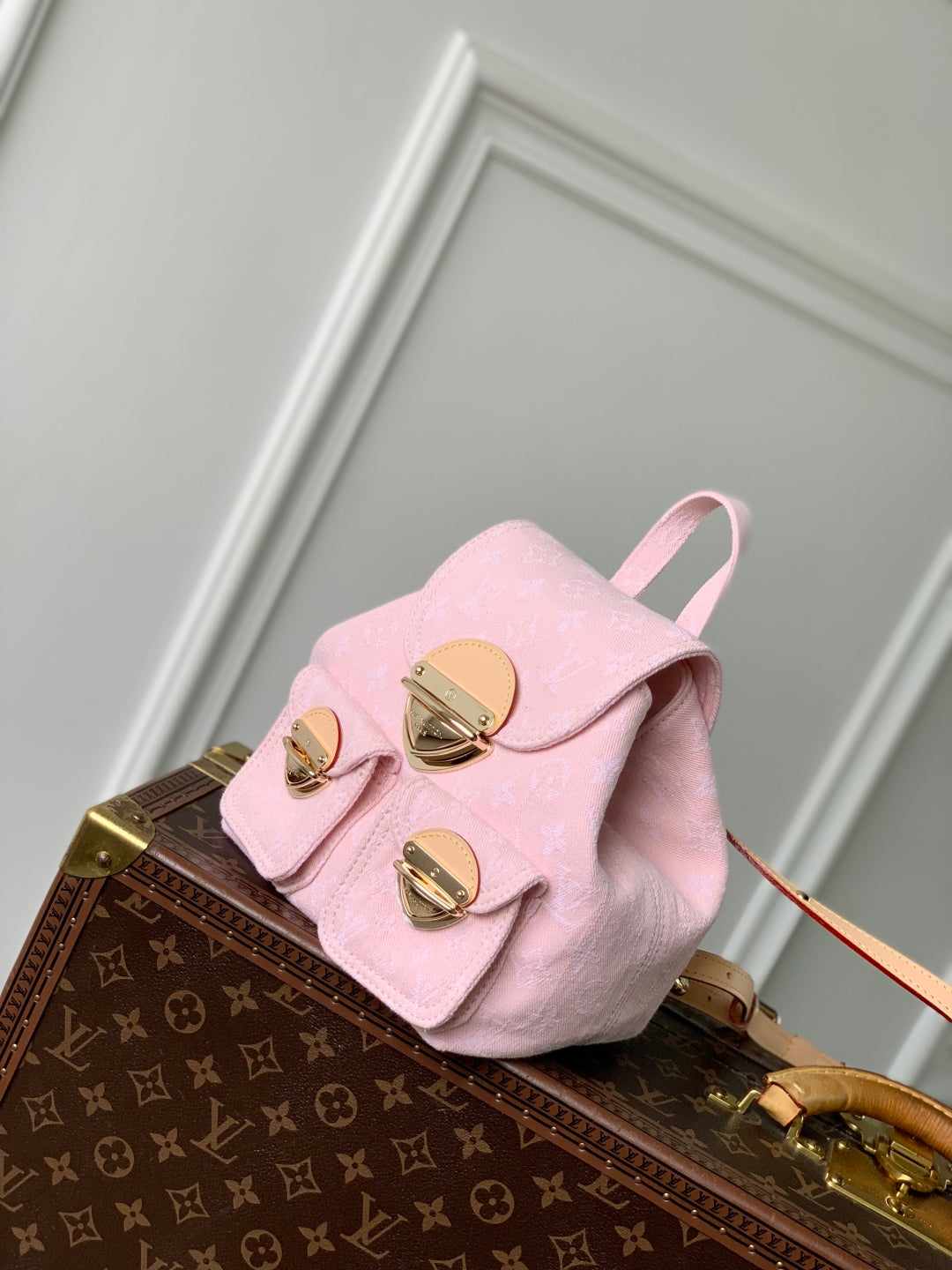 LOUIS VUITTON VENICE BACKPACK 24 IN PINK MONOGRAM DENIM GOLD HARDWARE