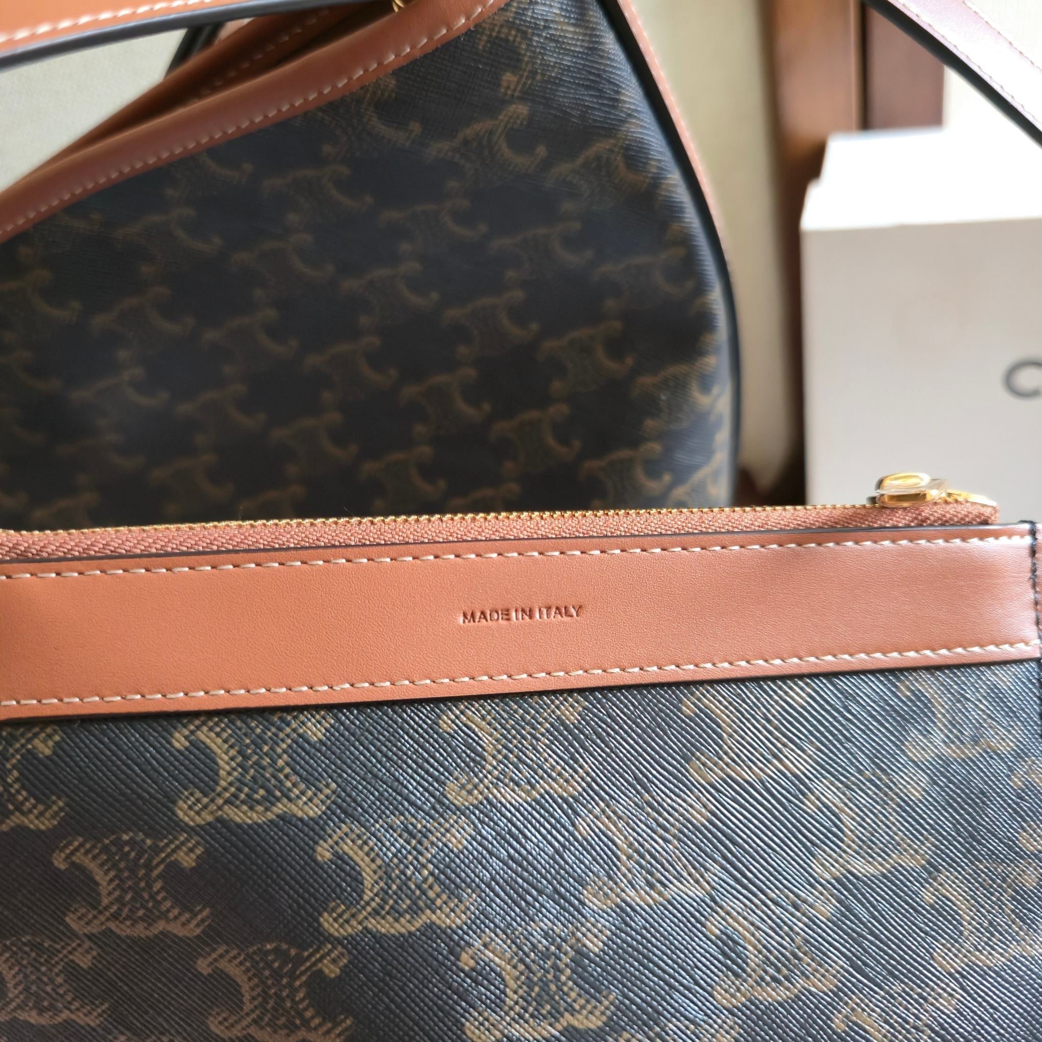 CELINE 25S SOFT SHOPPER BAG 32 IN BLACK TRIOMPHE CANVAS AND BROWN CALFSKIN