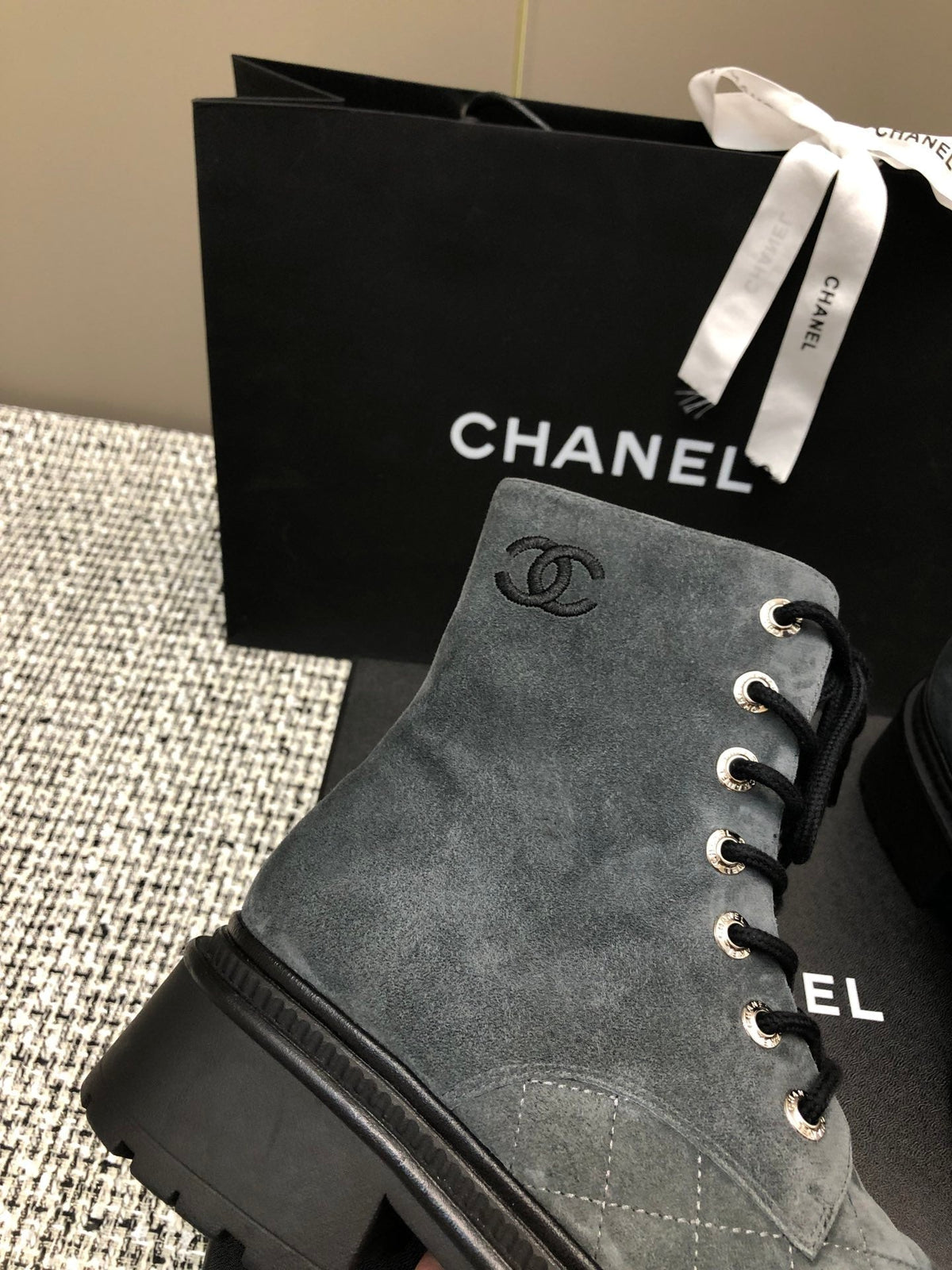CHANEL SHORT BOOTS SLATE GREY SUEDE LAMBSKIN