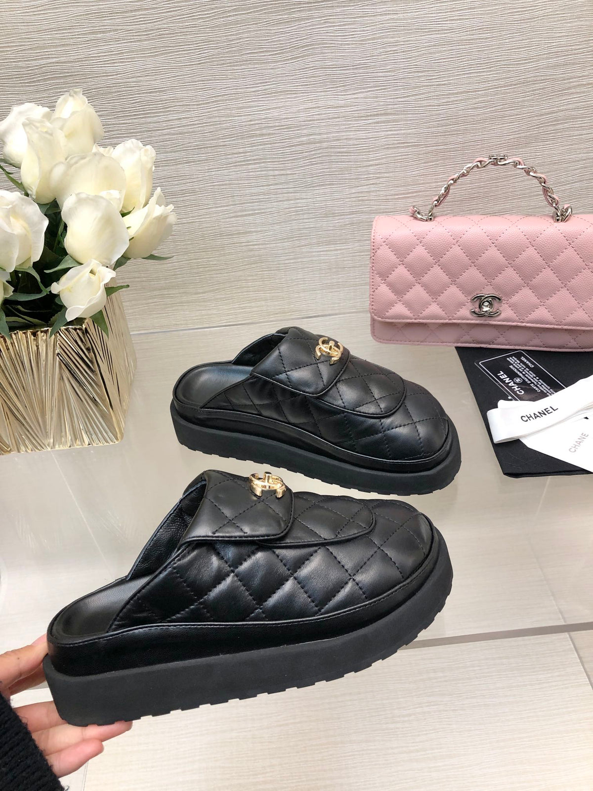 CHANEL TURNLOCK FLAP MULES BLACK LAMBSKIN