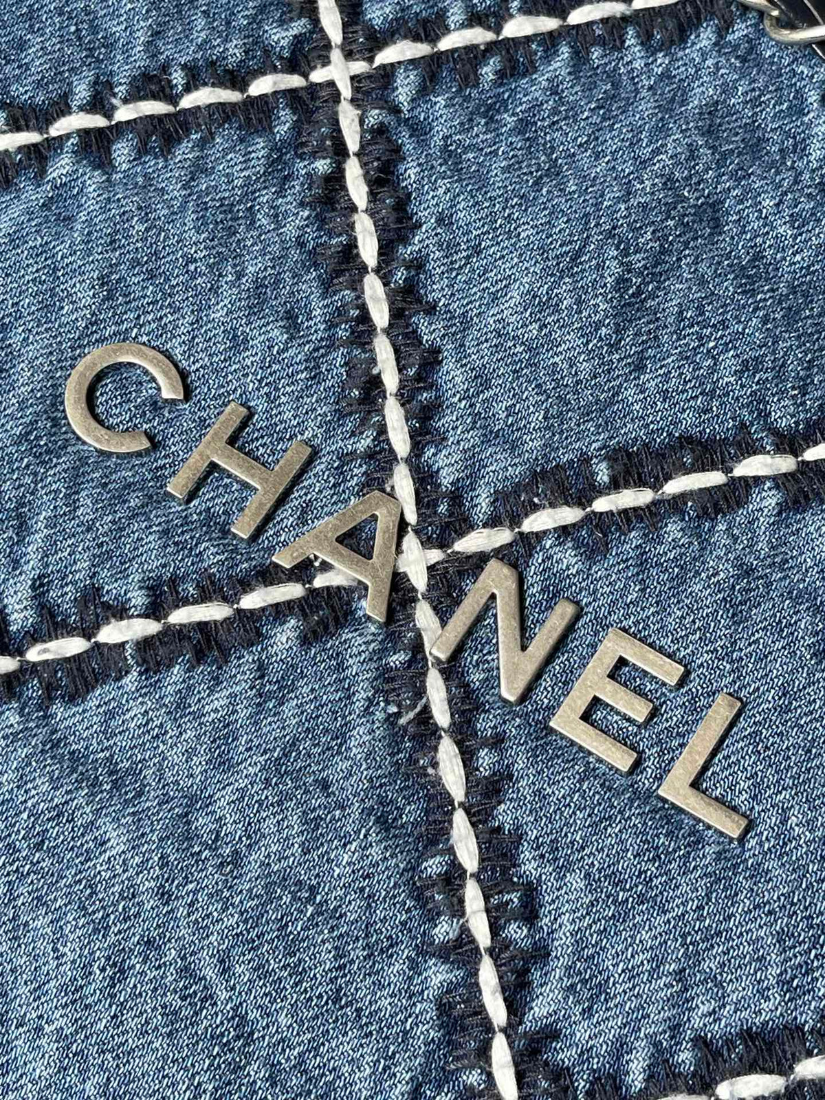 CHANEL LARGE 42 CROSSBODY BAG IN BLUE DENIM WITH CHAIN