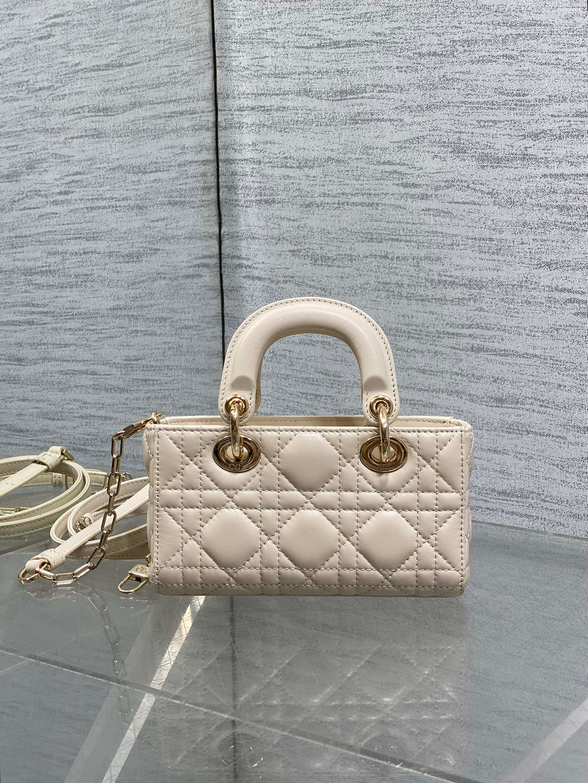 DIOR 25S MICRO LADY D-JOY 16 IN BEIGE LAMBSKIN GOLD HARDWRE