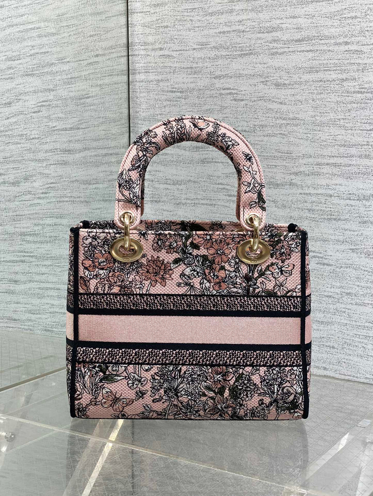 DIOR 25S SMALL LADY D-LITE BAG 24 IN PINK  FLOWERS CALENDAR ALLOVER EMBROIDERY
