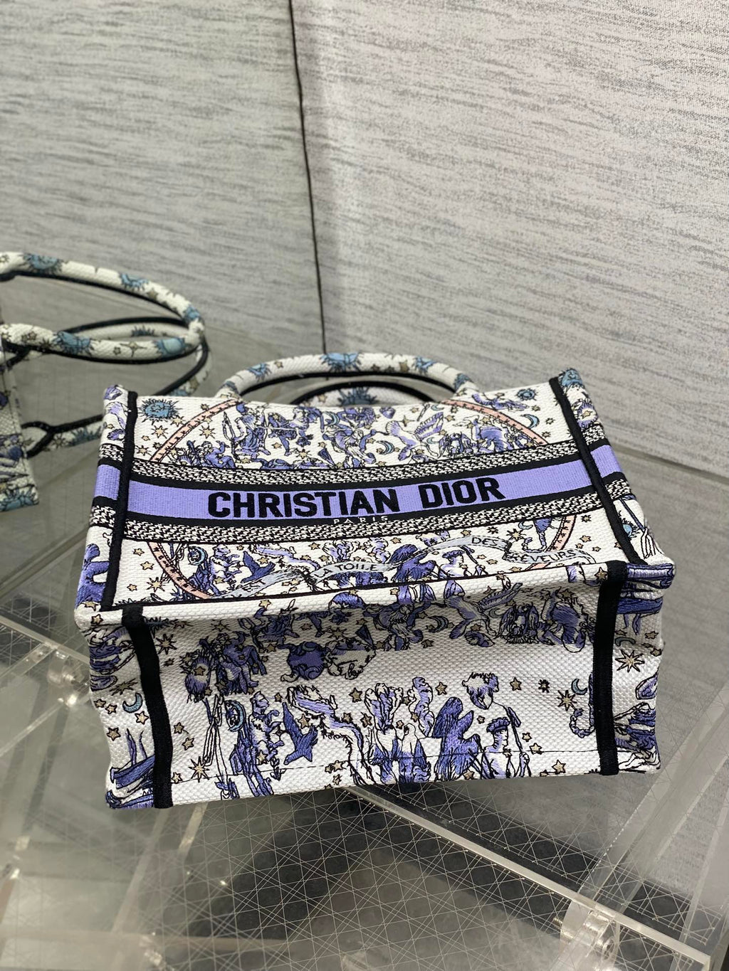 DIOR 25S SMALL BOOK TOTE 26 IN WHITE AND PURPLE DIOR NIGHT OF DREAMS EMBROIDERY
