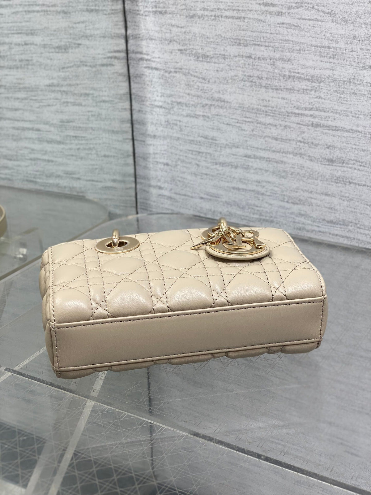 DIOR 25S MICRO LADY D-JOY 19 IN POWDER BEIGE CALFSKIN GOLD HARDWRE