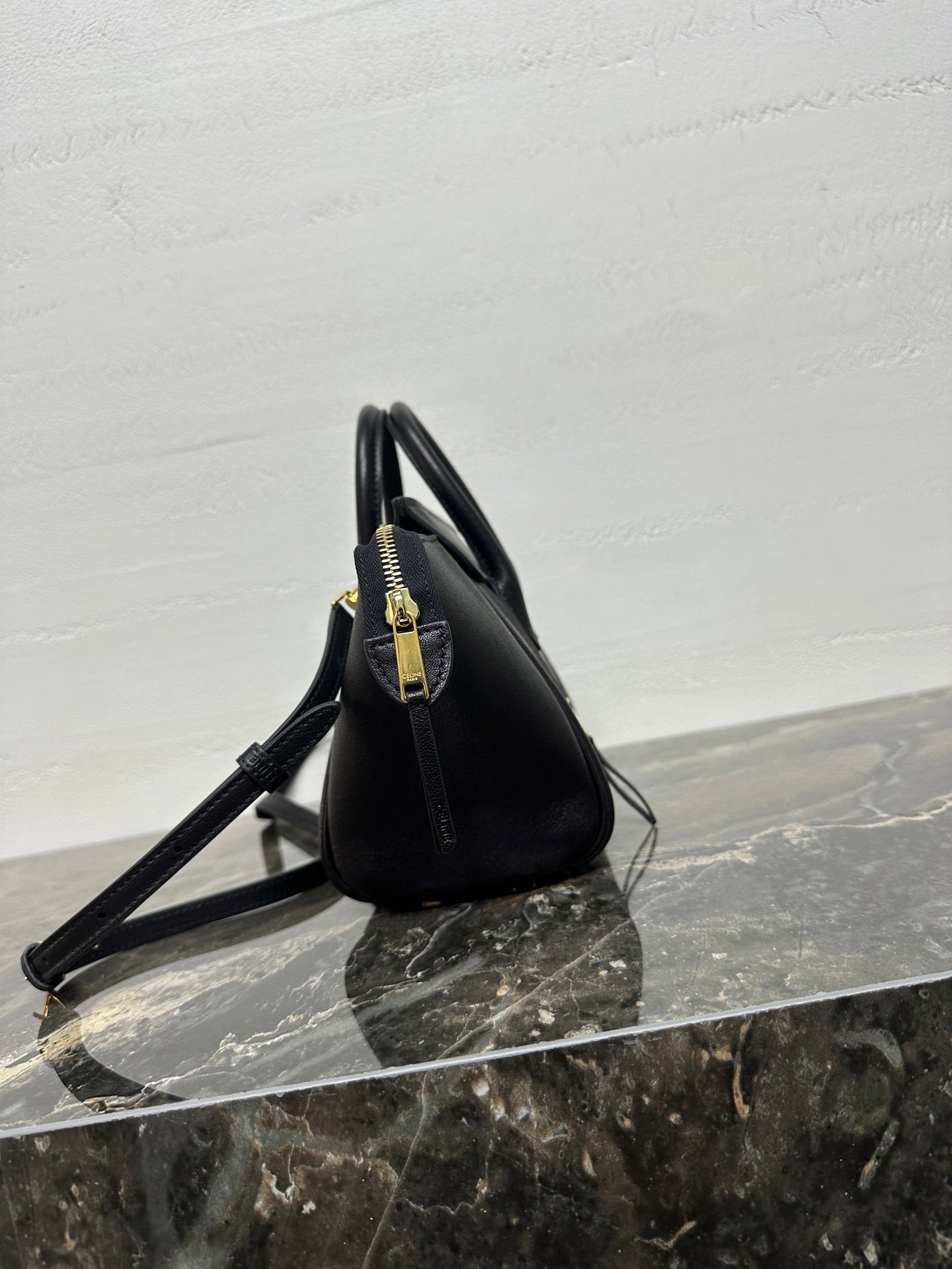 CELINE 25S NEW LUGGAGE 38MM IN BLACK SHINY LAMBSKIN GOLD HARDWARE