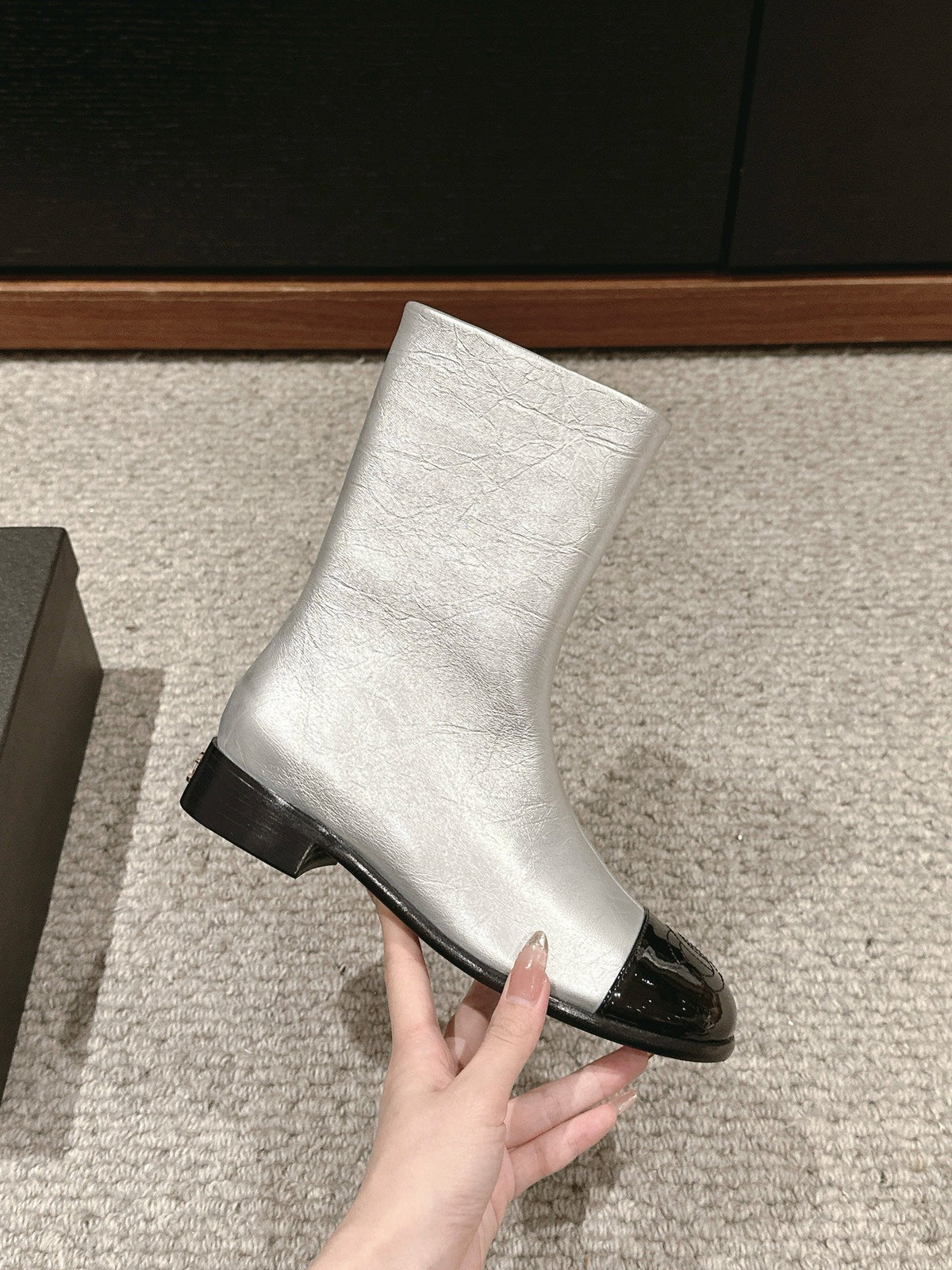 CHANEL SHORT BOOTS IN SILVER MIX BLACK LAMBSKIN