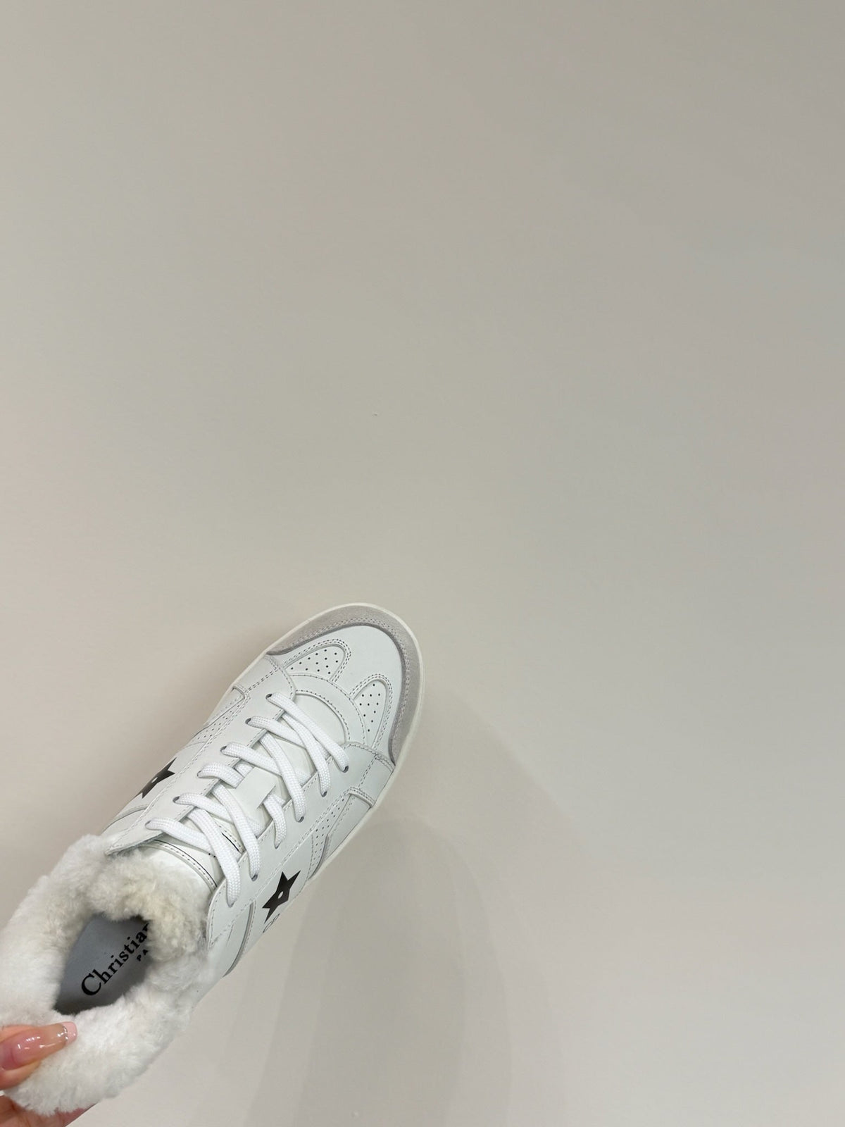 DIOR BLACK STAR SNEAKER WHITE CALFSKIN AND SUEDE CALFSKIN WITH SHEARLING LINING