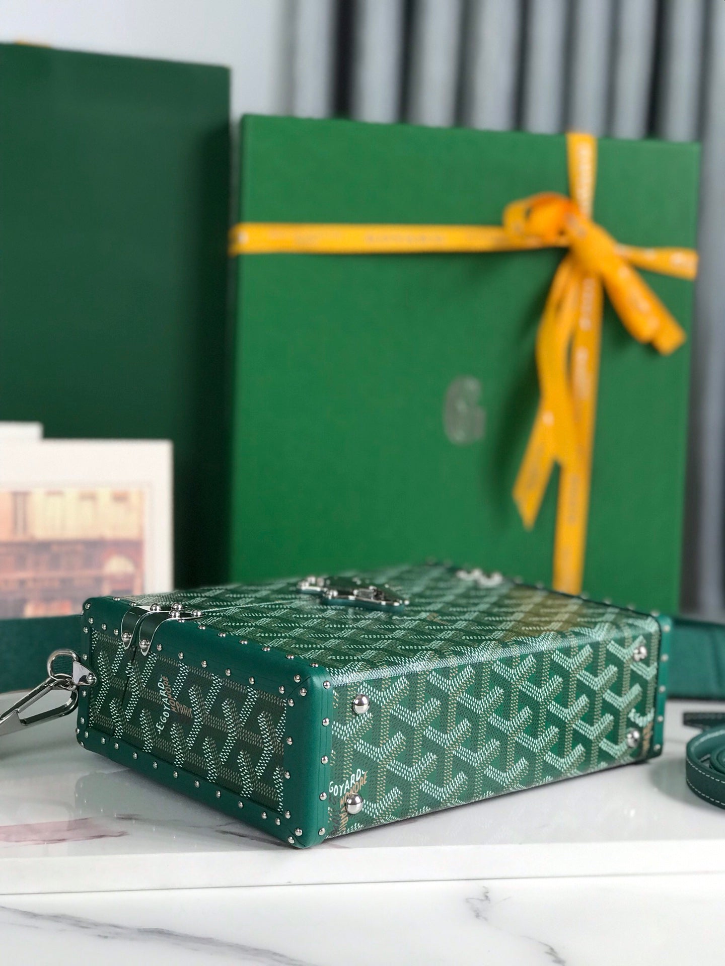 CASSETTE TRUNK BAG 21 IN GREEN GOYARDINE CANVAS & CLAMECY COWHIDE
