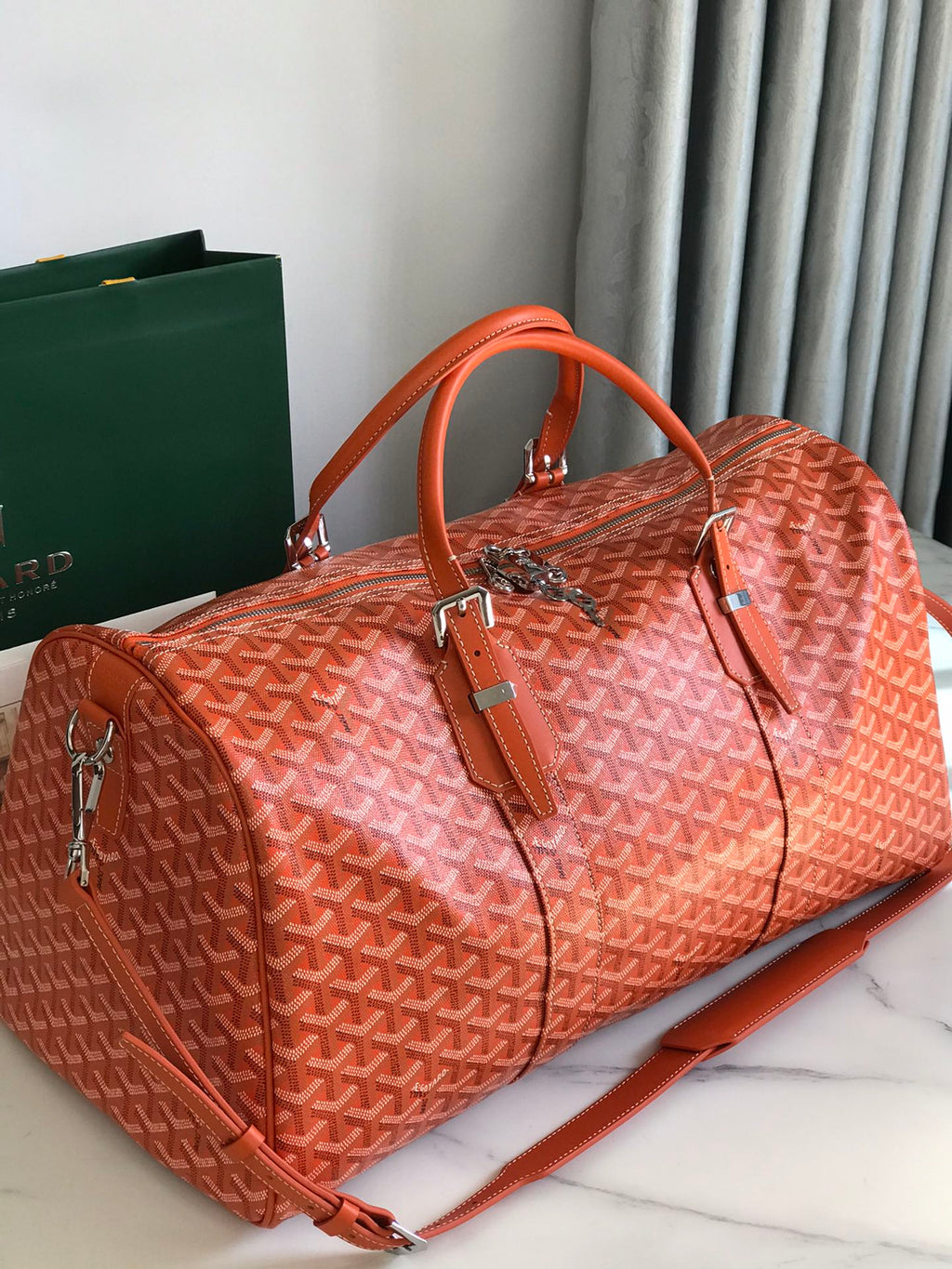 BOSTON 50 BAG IN ORANGE GOYARDINE CANVAS AND CALFSKIN TRIM