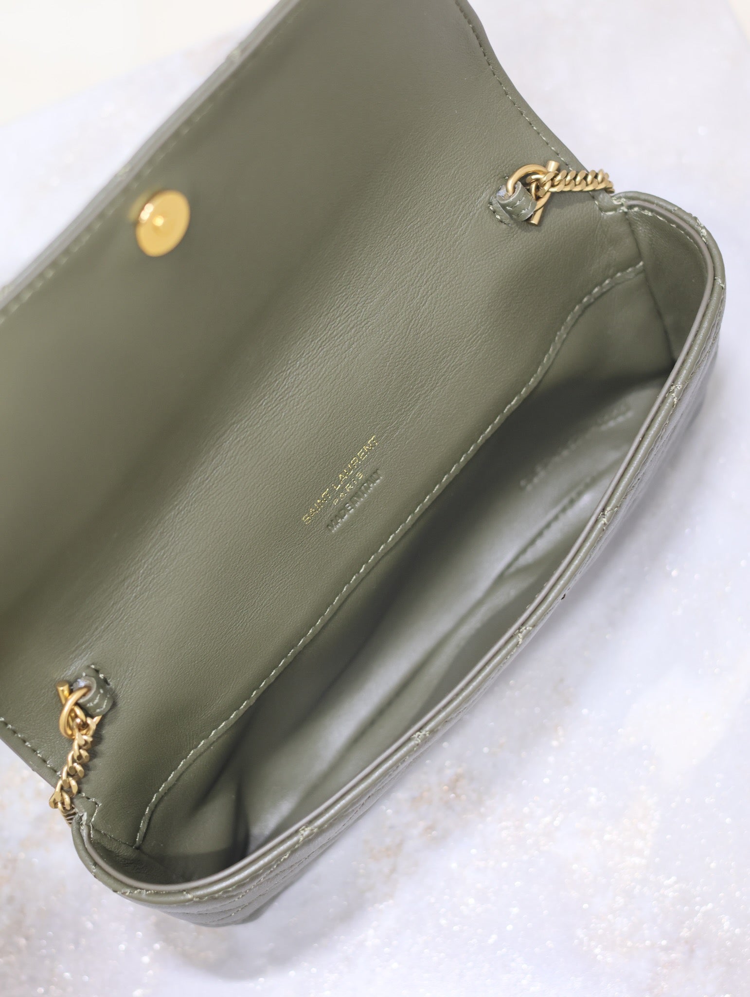 YSL 25S SAINT LAURENT GABY 19 IN DARK OLIVE QUILTED CALFSKIN GOLD HARDWRE
