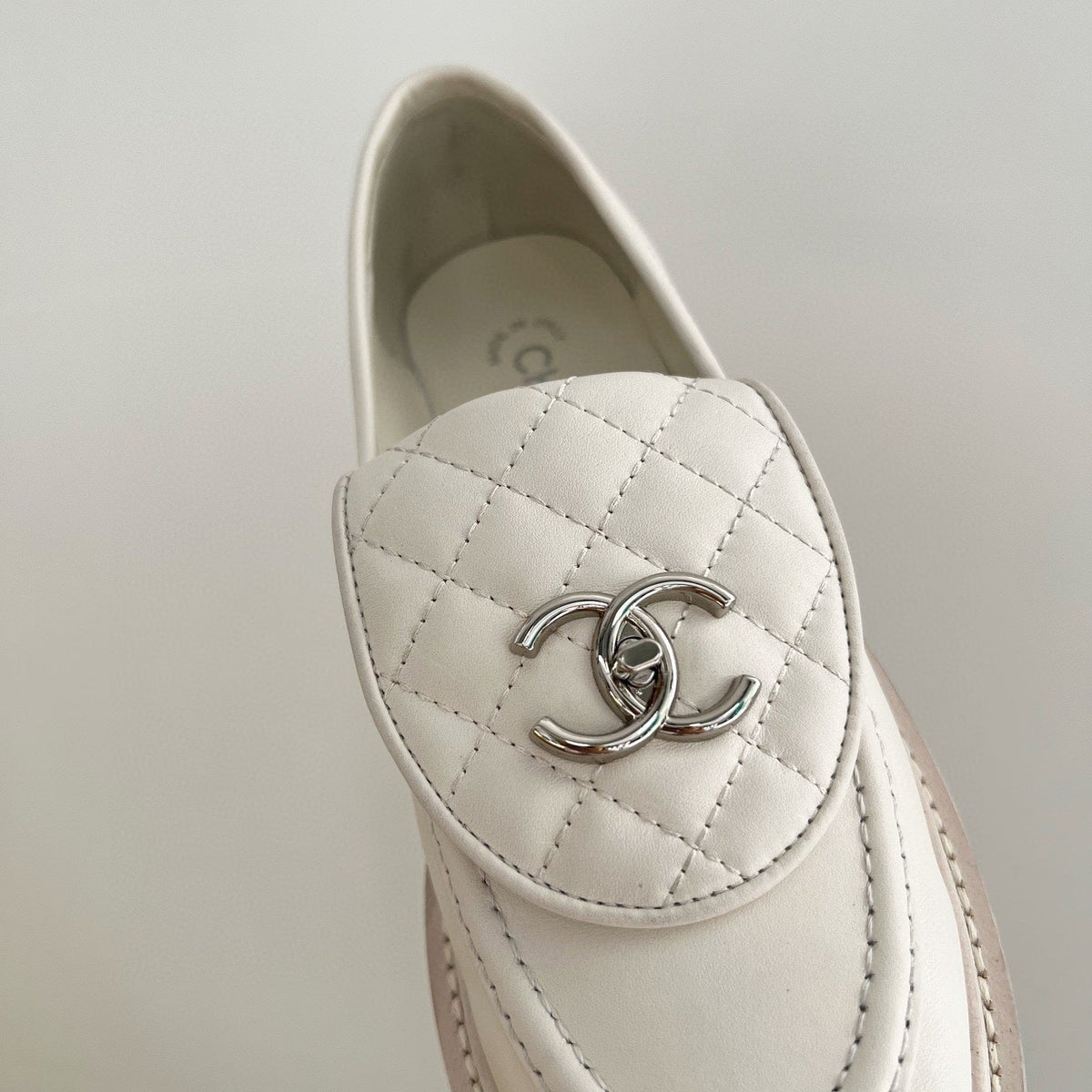 CHANEL Moasins White Quilted Calfskin Silver